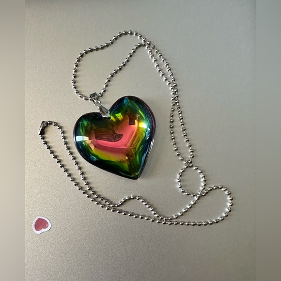 Crystal Glass Multicolor Heart Charm Pendant  Necklace Big 43mm 3D 60cm Chain - Picture 1 of 8